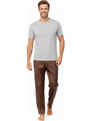 Oppland Erkek Saten Kumaş Pijama Pantolon Düz Renk Beli Lastikli Cepsiz Geniş Paça Rahat Kesim