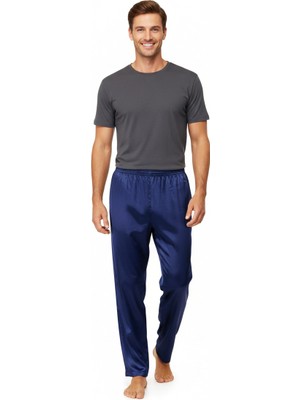 Oppland Erkek Saten Kumaş Pijama Pantolon Düz Renk Beli Lastikli Cepsiz Geniş Paça Rahat Kesim