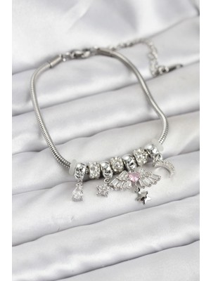 Eco Lounge Pirinç Gümüş Renk Kanatlı Charmlı Kadın Bileklik