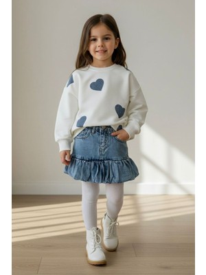 Miniğimin Cicileri Kalp Simli Baskılı Sweat Kot Etekli 2 Li Takım -Mavi