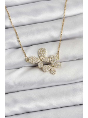 Eco Lounge 316L Çelik Zincir Gold Renk Zirkon Taşlı Kelebek Model Kadın Kolye
