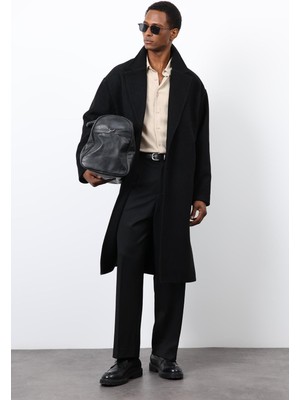 Antioch Siyah Yün Karışımlı Oversize Erkek Kaban