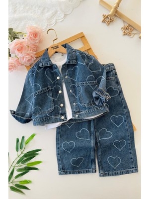 Miniğimin Cicileri Kalp Forever Baskılı Kız Çocuk 3 Lü Kot Takım -Mavi