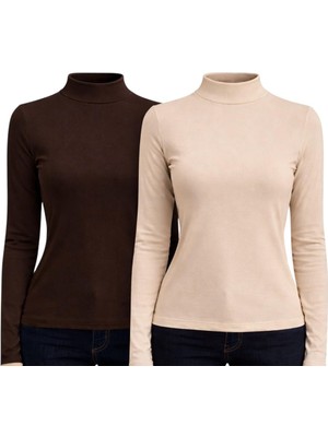 Hayalet 2'li Paket Yumuşak Dokulu Pamuk Dokuma Uzun Kol Dik Yaka Parmak Geçmeli Body Modal T-Shirt