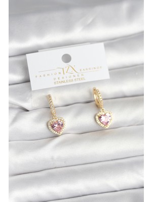 Tp Pirinç Gold Pembe Renk Zirkon Taşlı Kalp Model Kadın Küpe - Lisinya