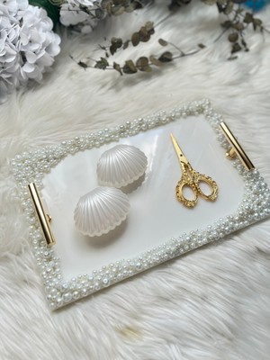 Epoksi Tepsi Dikdörtgen Full Incili Gold 4 Parça Nişan Tepsi Seti