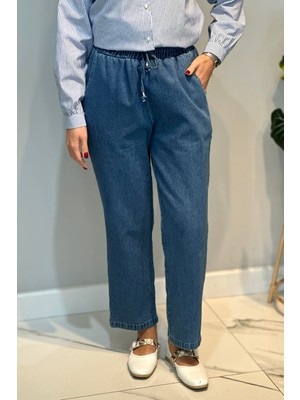 Lale Butik Kadın Beli Lastikli Jean Pantolon 16182 Mavi