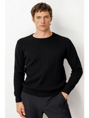 Desen Triko Erkek Sıfır Yaka Saç Örgülü Kazak Siyah