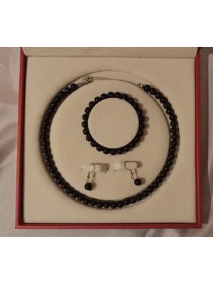 Aytens Takı Asil, Modern, Tarz Siyah Inci Boncuk Set Paslanmaz Çelik Zincir Kolye Bileklik Küpe