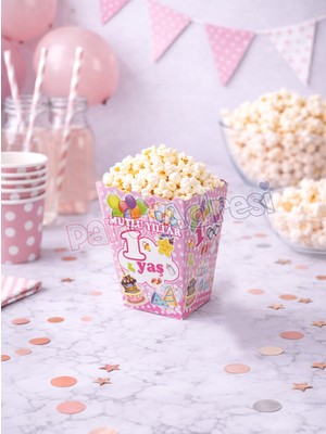 Parti Adresi Popcorn Puantiyeli 1 Yaş Pembe 12 ' Li