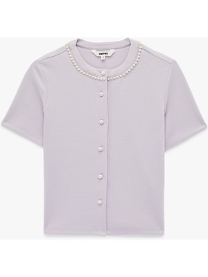 Koton Pike Kumaş Inci Detaylı Kısa Kollu Bisiklet Yaka Crop Hırka