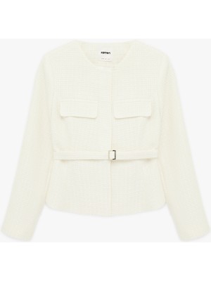 Koton Slim Fit Uzun Kollu Bisiklet Yaka Kemerli Peplum Tüvit Ceket