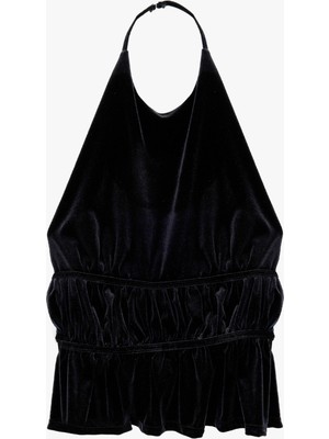 Koton Sırt Dekolte Detaylı Fırfırlı Halter Yaka Kadife Bluz