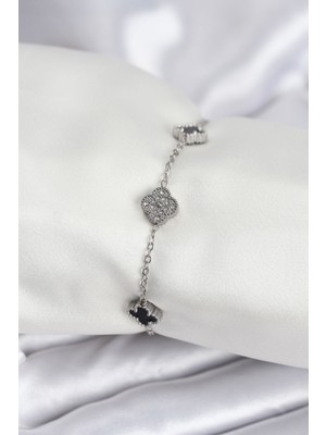 Clariss 316L Çelik Gümüş Renk Siyah ve Zirkon Taşlı Baby Boy Yonca Kadın Bileklik