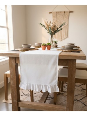 Fırfırlı Ham Keten Runner 40X110 Bohem Tasarım