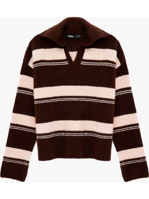 Koton Devrik Yaka Uzun Kollu Çizgili Oversize Triko Kazak