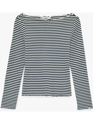 Koton Uzun Kollu Pamuklu Kayık Yaka Çizgili Tişört