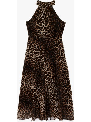 Koton Halter Yaka Pileli Kolsuz Volanlı Midi Leopar Elbise