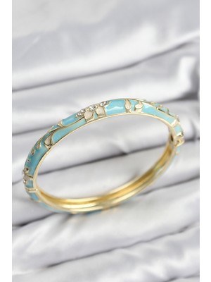 Clariss Mineli Pirinç Zirkon Taşlı Turkuaz Çiçek Motifli Gold Kadın Kelepçe