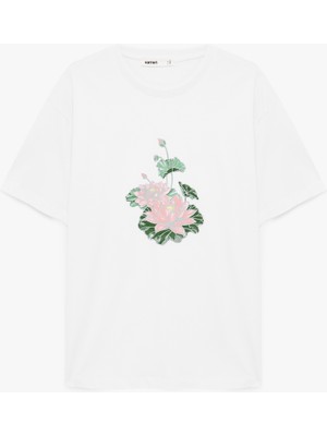 Koton Pamuklu Kısa Kollu Bisiklet Yaka Nilüfer Çiçek Baskılı Oversize Tişört