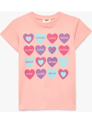 Koton Pamuklu Kısa Kollu Bisiklet Yaka Kalp Baskılı Tişört