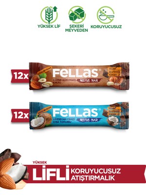 Fellas Meyve Bar (40 g) Süper İkili Kutu - 24 Adet (Karışık Kuruyemişli x 12 + Hindistan Cevizli x 12)