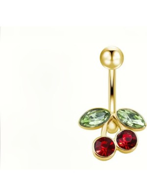 Sarıyer Silver Kiraz Model Göbek Piercing Kırmızı Taşlı Çelik Altın Kaplama Sarı Renkli