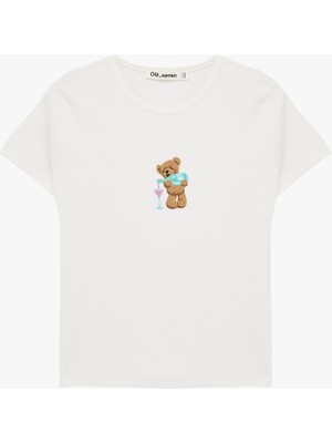 Koton Slim Fit Kısa Kollu Bisiklet Yaka Ayıcık Nakışlı Tişört