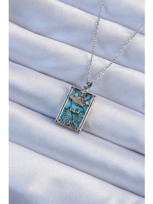 Clariss 316L Çelik Zincir Gümüş Renk Zirkon Taşlı Mavi Mermer Desenli Taç Model Tarot Kolye