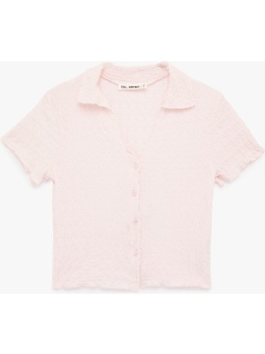 Koton Düğmeli Klasik Yaka Kısa Kollu Bürümcük Bluz