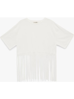 Koton Pamuklu Püskül Detaylı Kısa Kollu Bisiklet Yaka Oversize Crop Tişört