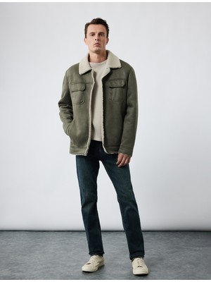 Koton Kapaklı Cepli Çıtçıt Düğme Detaylı Slim Fit Içi Peluş Yaka Suni Süet Ceket