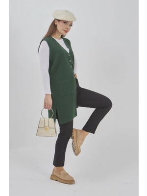 Fresh Moda Kadın Uzun Mevsimlik Triko Likralı Esnek Cepli Düğmeli Yelek