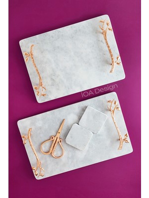 IOA Design Ikili Söz / Nişan Tepsi Seti - Nişan Tepsisi + Damat Kahvesi Tepsisi + Makas - Akasya Rose Kulplu