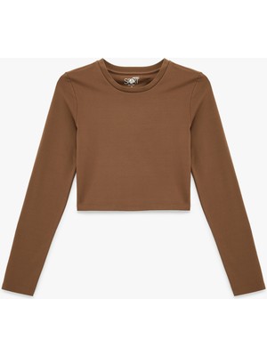 Koton Interlok Uzun Kollu Bisiklet Yaka Slim Fit Spor Crop Tişört