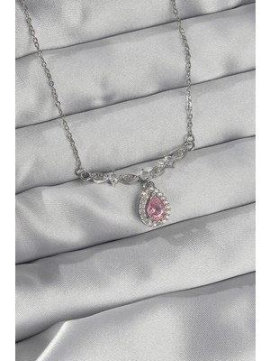 Tp Buğz 316L Çelik Gümüş Renk Pembe Zirkon Taşlı Damla Kolye