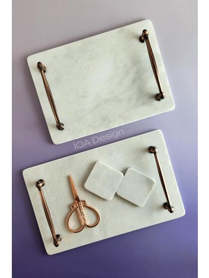 IOA Design Ikili Söz / Nişan Tepsi Seti - Nişan Tepsisi + Damat Kahvesi Tepsisi + Makas- Nergis Eskitme Bakır Kulplu