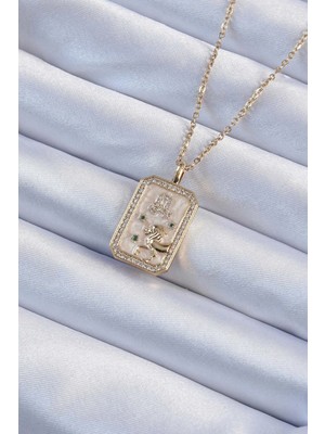 Tp Buğz 316L Çelik Zincir Altın Renk Zirkon Taşlı Aslan Figürlü Tarot Kolye