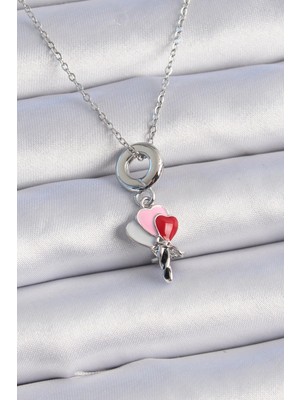 Tp Buğz 316L Çelik Gümüş Renk Renkli Kalp Figür Charm Model Kadın Kolye