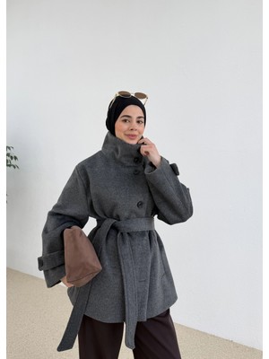 Moda Aksa Kuşaklı Dik Yaka Kaban Antrasit