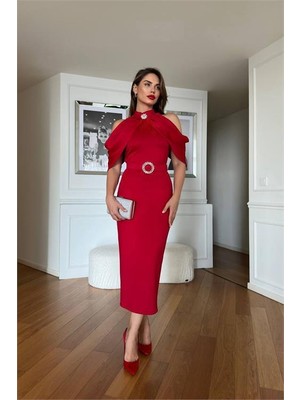 Neşeli Butik Kadın Omuz Detaylı Toka Kemerli Midi Boy Elbise NBNC110095