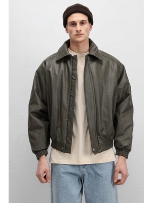 Vamos Oversize Deri Bomber Ceket Haki