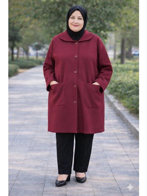 Cng Moda Büyük Beden Düğmeli Astarsız Anne Kaşe Kaban