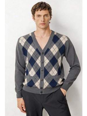 Desen Triko Erkek V Yaka Baklava Desenli Yün Hırka Füme