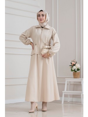Sevitli Beli Tünelli Fermuarlı Etekli Takım-Bej