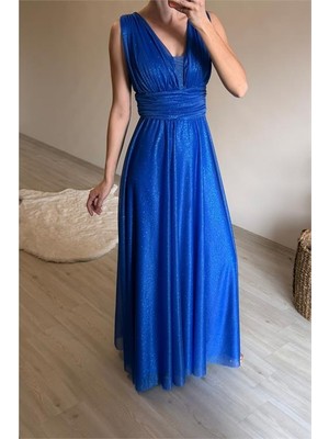Neşeli Butik Kadın Drapeli Işıltılı Kalın Askılı Abiye Elbise NM003