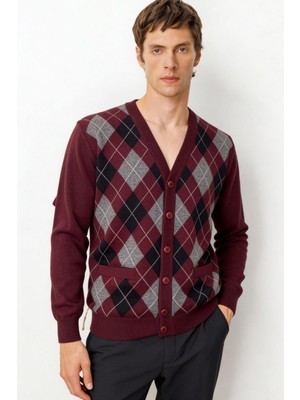 Desen Triko Erkek V Yaka Baklava Desenli Yün Hırka Bordo