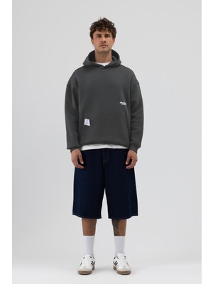 Vamos Oversize Kapüşonlu Baskılı Sweatshirt Füme