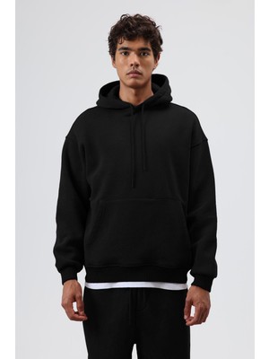 Vamos Basic Oversize Yıkamalı Hoodie Siyah