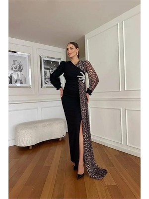 Neşeli Butik Kadın Leopar Detaylı Yırtmaçlı Abiye Elbise NBNC2509